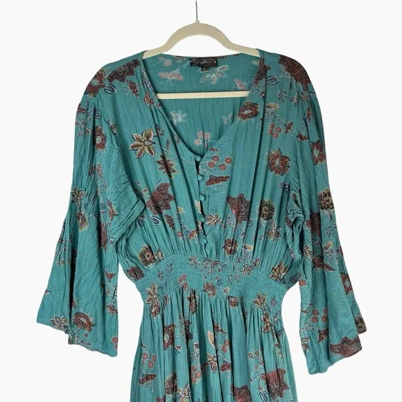 J. Glee Turquoise Floral Dress 3X Flower Dolman Sleeve V-Neck Button Up Crepe - Picture 2 of 10